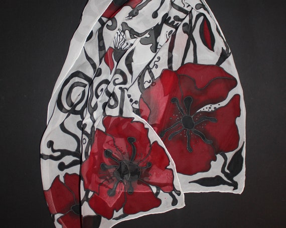 Hand painted silk scarf,White chiffon scarf,Red poppies scarf,Red black scarf,White floral scarf,Gift for her,Hand painted scarf,Romantic