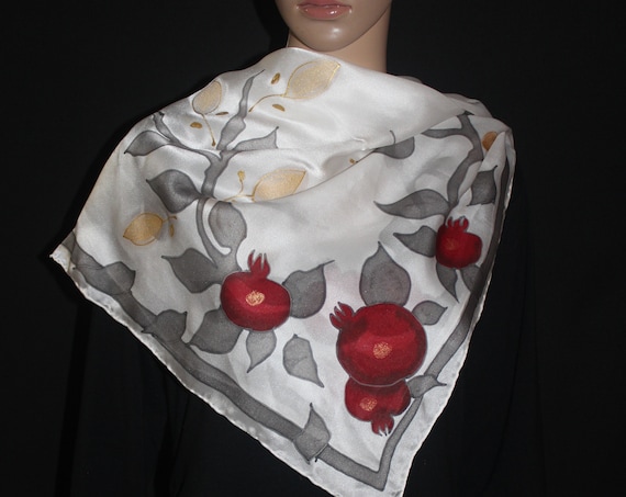 35-35 in hand painted Pomegranate silk scarf,Jewish gift,Israel symbol Gift for mother, Pomegranate artHanukkah