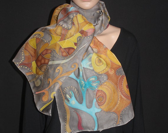Hand painted silk scarf,Long fall leaves scarf,Gold blue azure gray, ASAP fall gift,Gift for her