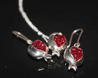 925 sterling silver small delicate pomegranate earrings and necklace