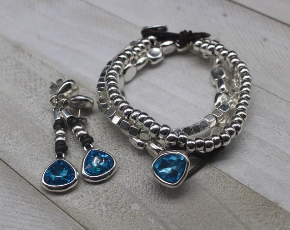 handmade jewelry set, Red Blue Pink cubic zirconia silver plated bangle and earrings
