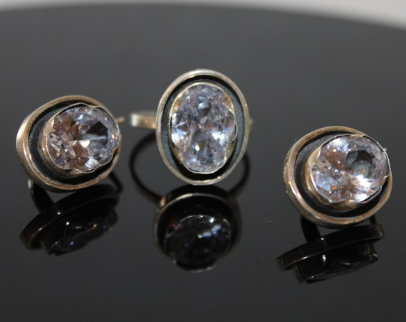 Rock crystal quartz sterling silver jewelry set oval crystal set