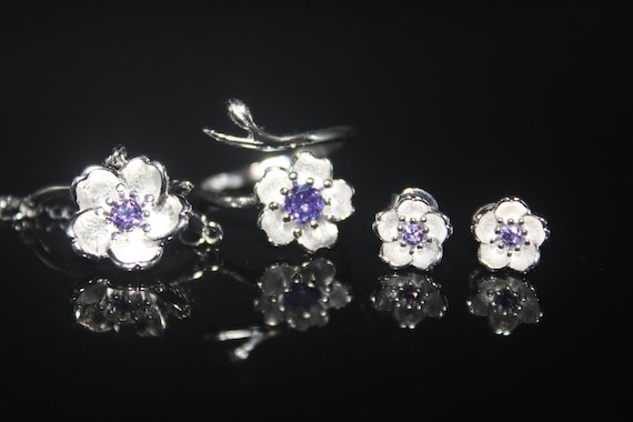 Forget me not silver jewelry set,Adjustable ring Wedding Bridal Jewelry Set, Crystal flower set