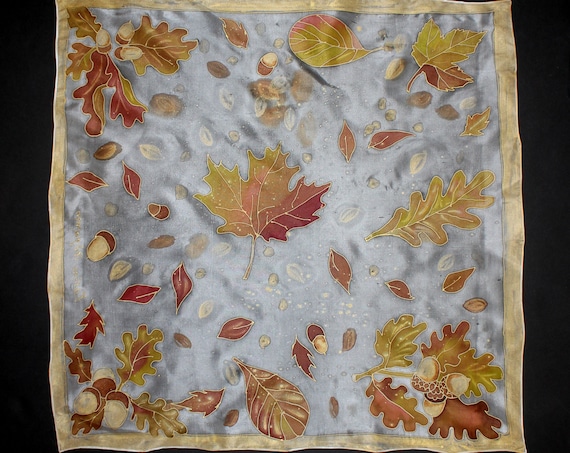 Hand painted fall silk scarf, Gold acorns and leaves