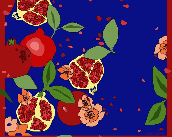 Luxury pomegranate pure silk scarf, Navy blue red, Square silk scarf