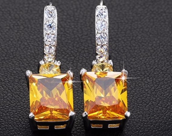 Square Yellow Cubic Zirconia Dangle Earring For Woman, Yellow Earrings, Classic Cubic Zirconia, Bridal Dangle Earrings, Bridal, Wedding