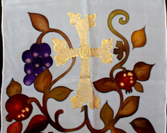 Armenian Holy Cross scarf,Hand Painted silk scarf,White scarf,Batik,Grapes,Armenian scarf,Armenian ornament,Armenian gift,Armenian art