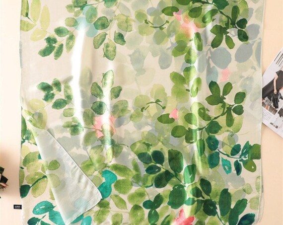 74-33 in Green leaves scarf,Large long scarf,Spring gift,Gift for her,White green long scarf,Yellow green,Lime green