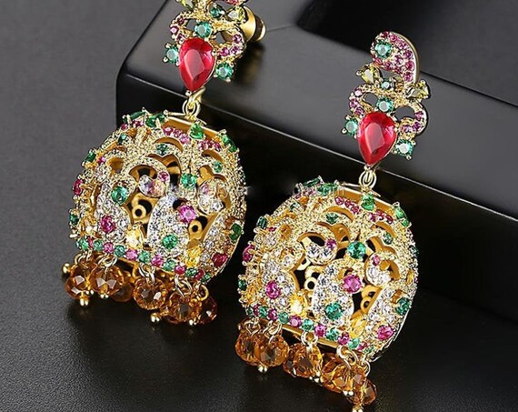 Gold plated Jhumki Boho Style Tassel Big Dangle Earrings