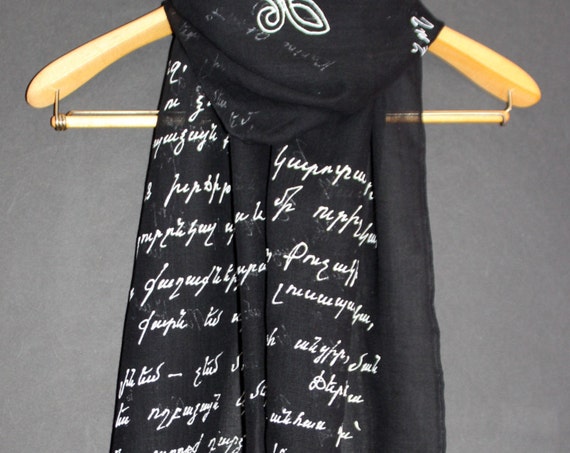 Armenian Letter,Hand painted scarf,Wool Silk, Long black wrap shawl,Armenian scarf,Armenian cross,Armenian poetry,Painted silk wool, Batik