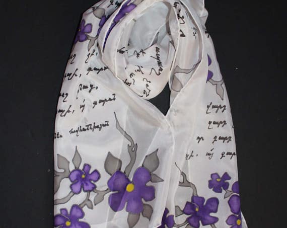 SHIPPING from US,ASAP,Hand painted silk scarf,Long white chiffon scarf,Armenian poetry,Gift for her,For mother,Batik,Etsy,Forget me not