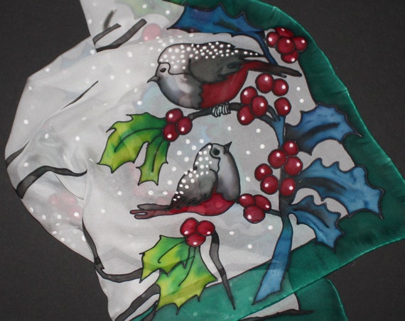 Hand painted silk scarf,Winter scarf,Snow snowball,Winter Bird scarf,Red white green, Square Chiffon scarf,New year xmas gift,Gift for her