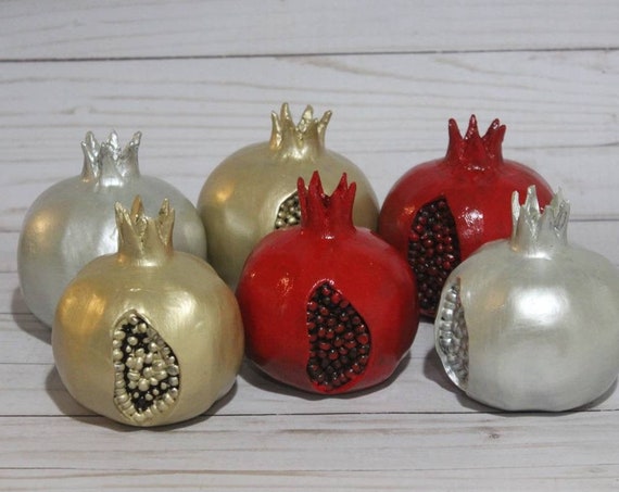 4 in Handmade and hand painted Gold Silver and Red pomegranates