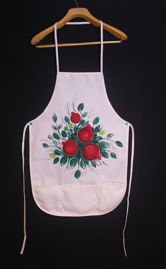 Hand painted Adult Lightweight Apron with front 3 pockets 19-28 in, Pomegranates, Natural color