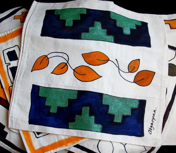 18-18 in Hand painted Decorative pillow case,Throw pillows,Armenian Batik,Armenian carpet ornament,Home decor,Green,White,Yellow,Cotton,