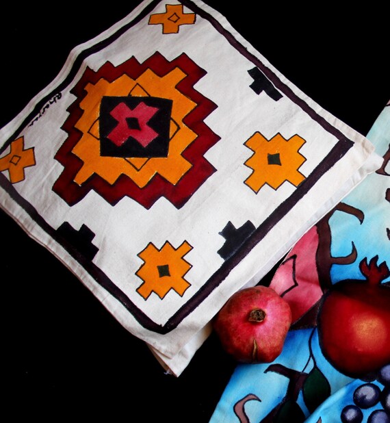 Hand painted Pillow case,Throw pillows,Hand painted,Armenian,Batik pillow,Native art,Native pillow,yellow brown black,decorative pillow