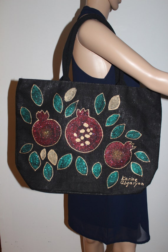 Hand painted bag,Groceries Tote Bag Large with zipper ,Heavyweight Canvas Bag,Pomegranates ,Back pockets,Batik,Armenian art,Armenian gift