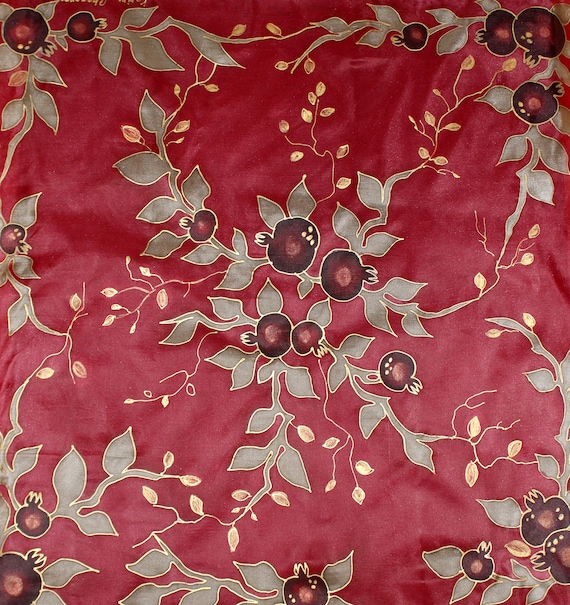 Hand painted silk scarf,Pomegranates red silk scarf,Red green silk chiffon scarf,Armenian scarf,Armenian gift,Jewish gift for mother