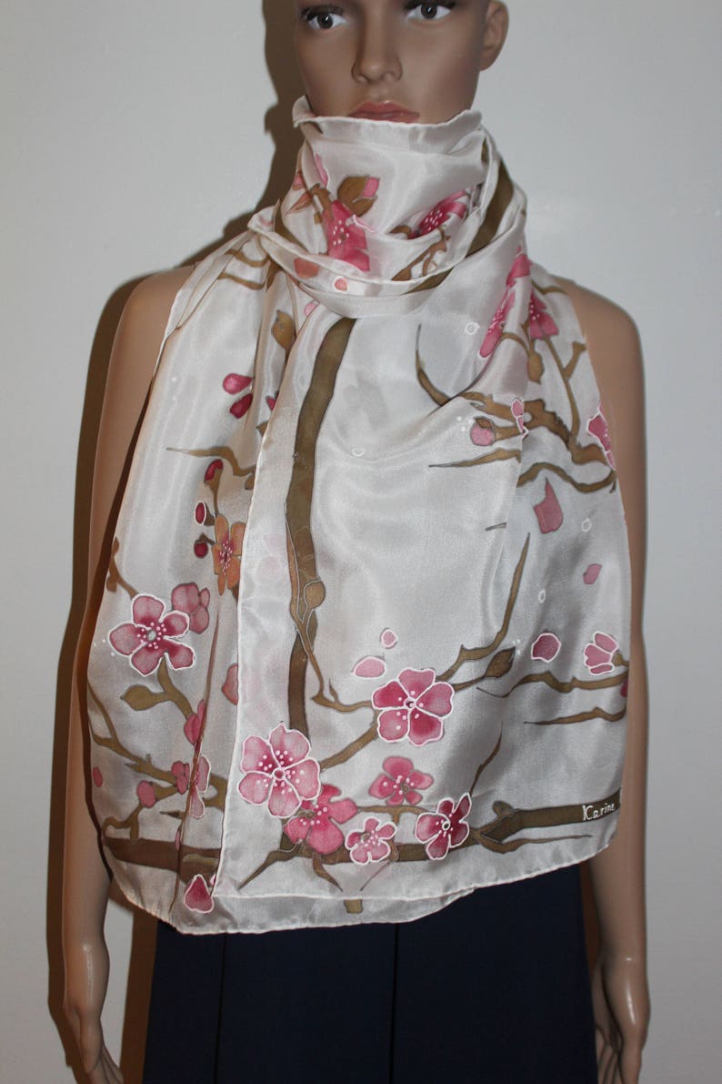 Hand Painted Silk Scarf Cherry Blossom Long Scarf Gift for - Etsy