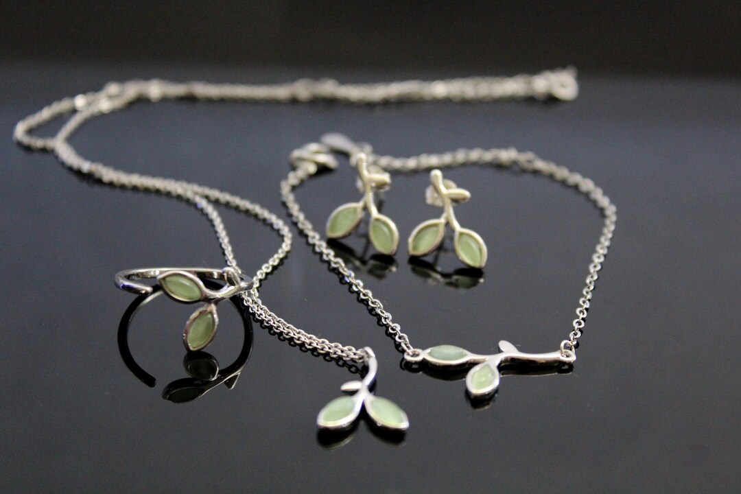 Silver and Green Leaves Jewelry Set, Gift for Her Opal Jewelry Silver