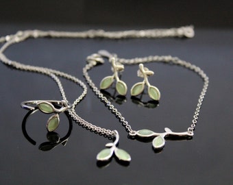 Silver and green leaves jewelry set, Gift for her Opal Jewelry silver plated stainless steel