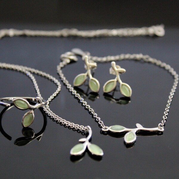 Silver and green leaves jewelry set, Gift for her Opal Jewelry silver plated stainless steel