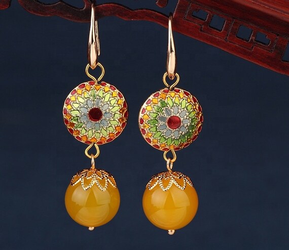 Copper dangle ethnic earrings with natural stone,Vintage fashion cloisonne enamel jewelry, ball round dangle earrings