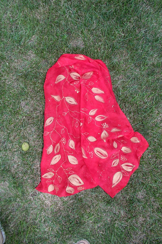 Hand painted silk scarf,Gold leaves, Red wine scarf,Long silk scarf,Fall gift for her