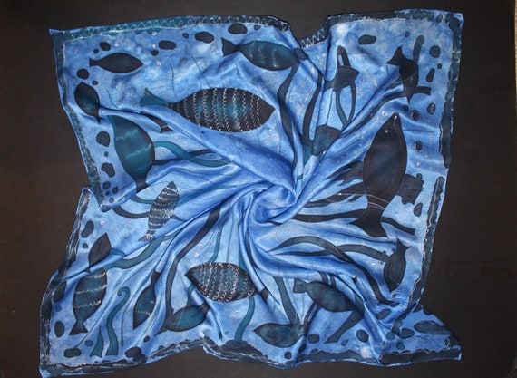 Hand painted blue ocean square silk scarf,Blue fishes and ocean plants,Ready to ship