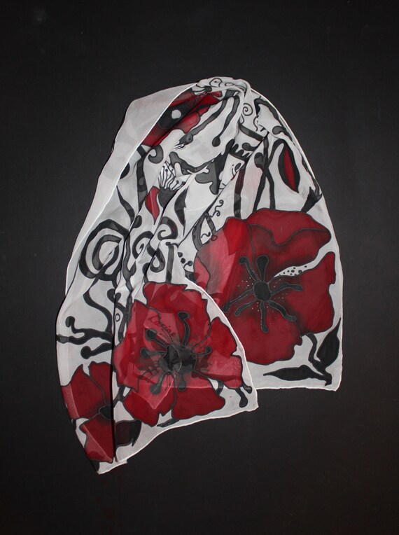 Hand painted silk scarf,Long chiffon poppy scarf