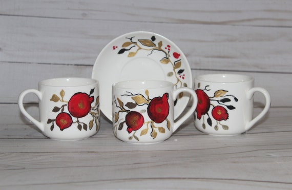 Hand painted 4oz. Espresso Cups with Matching Saucers Premium White Porcelain