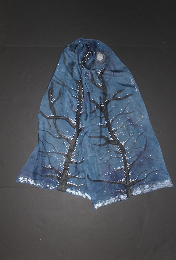 Hand painted winter motifs silk scarf, Snowflakes and tree branches with moon