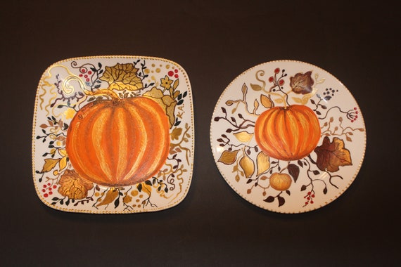 Hand painted glass plate Pumpkin Thanksgiving home decor