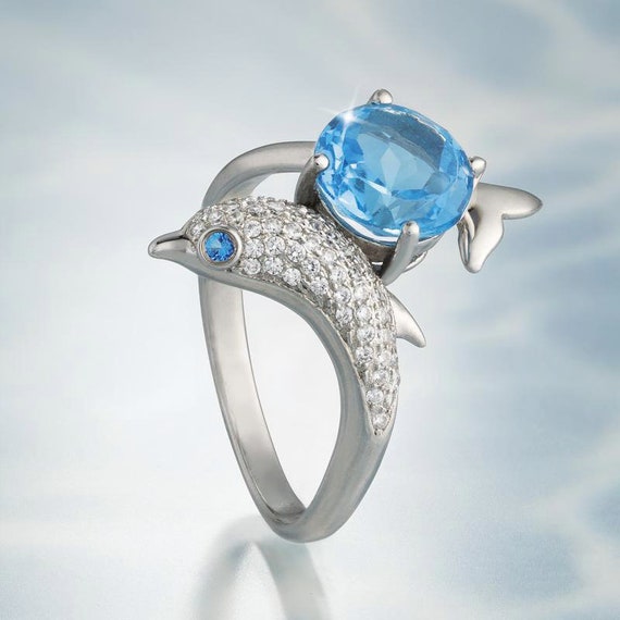 Dolphin shape sapphire zircon ladies ring