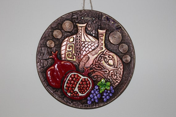 3D Decorative Pomegranate clay plate handmade and handprinted