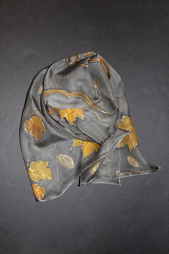 Hand painted silk scarf, Fall Thanksgiving gift, Gold leaves, gray long silk scarf,Autumn gift for her