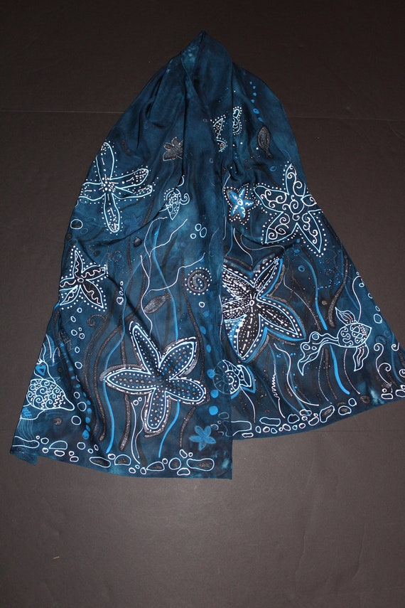 Hand painted and hand dyed silk scarf Dark blue and silver colors Perfect gift for her