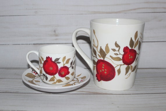 Hand painted 14 oz. coffee tea mug and 4 oz. espresso Pomegranates cups
