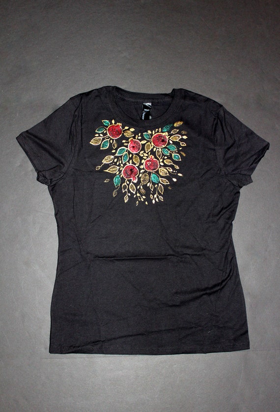 Hand painted pomegranate t shirt, Sparkle non toxic colors