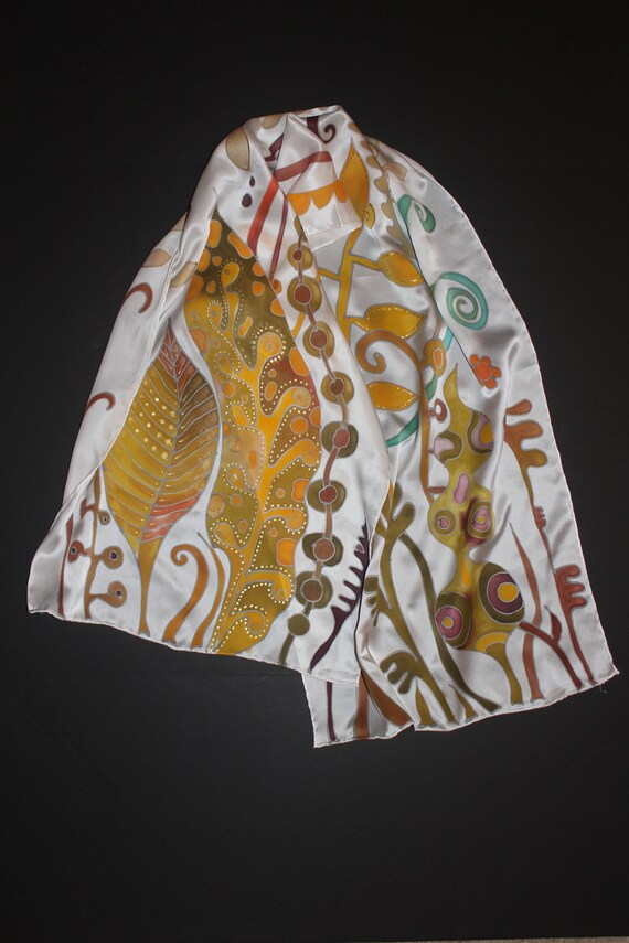 Hand painted silk scarf, Long fall leaves scarf, Gold blue azure gray