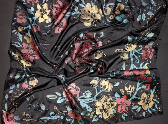 35-35 in hand painted silk scarf, Large square floral ornament. Luxury gift for her