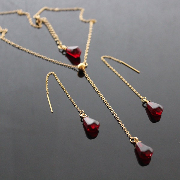 14K gold plated stainless steel Pomegranate seed Y shape necklace and threader earrings