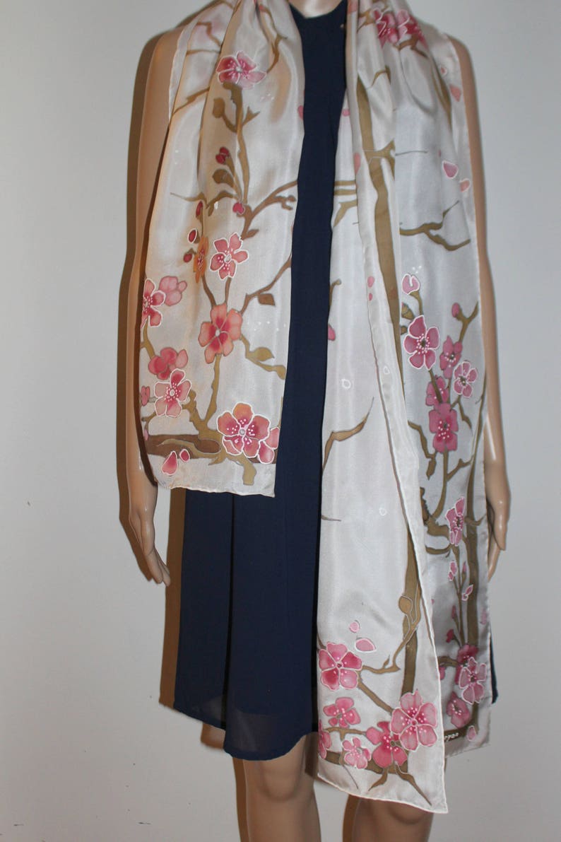 Hand Painted Silk Scarf Cherry Blossom Long Scarf Gift for - Etsy