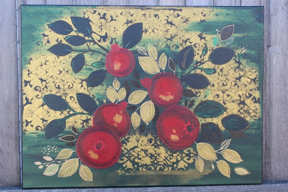 Original painting Pomegranates, Original decorative gold red Acrylic Painting on canvas