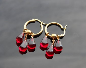 Pomegranate seeds hoop earrings and necklace  gold plated stainless  steel hypoallergenic jewelry
