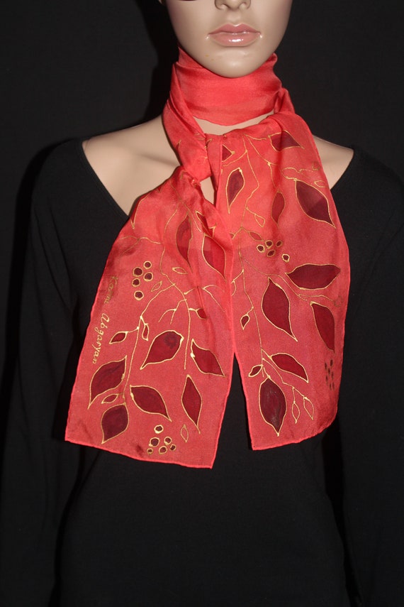 Hand painted silk scarf, Gold and dark red leaves, Bright red scarf,Long silk scarf, Gift for her