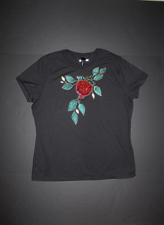 Hand painted and hand made pomegranate t shirt, Beaded Rhinestones Pomegranate Sequin Applique