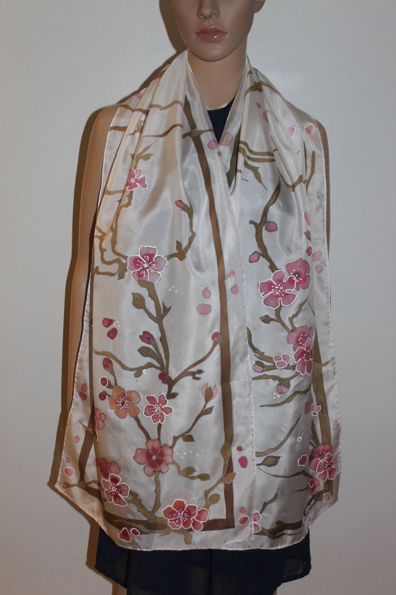 Hand Painted Silk Scarf Cherry Blossom Long Scarf Gift for - Etsy