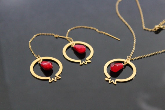 Pomegranate seed jewelry set 14 K gold plated stainless steel threader earrings and pendant