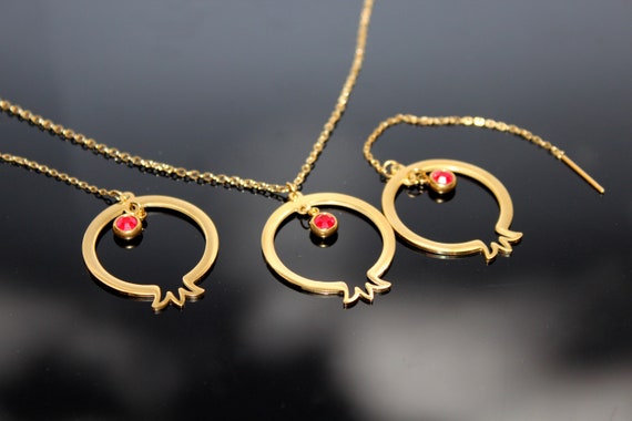 Pomegranate seed jewelry set 14 K gold plated stainless steel threader earrings